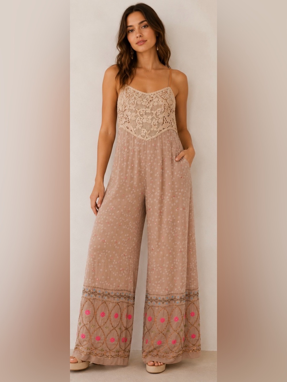 Free People New Romantics Shanti jumpsuit w/cream lace & sequins Size Small NWT